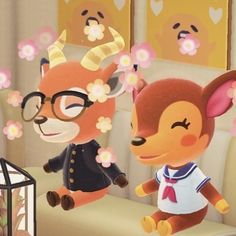 two cartoon animals standing next to each other in front of a wall with flowers on it