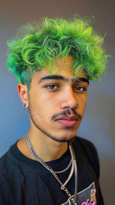 15 Hair Colors for Men to Look Stylish and Trendy Neon Green Curly Hair, Green Hair Guy, Men Dyed Hair, Masculine Haircuts, Green Hair Men, Masc Hair, Duck Guy, Short Green Hair, Neon Hair Color