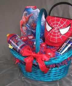 a spiderman themed gift basket is shown