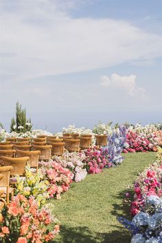 rows of wicker chairs with flower arrangements in the back ground and blue sky above