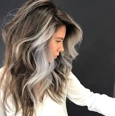 Long Hair Going Grey, How To Blend In Grey Hair, Blend In Gray Hair Highlights, Blend In Grey Hair, Gray Blending Money Piece, Fall Silver Hair Color, Blending Gray Hair Around Face, Hair To Blend Grey