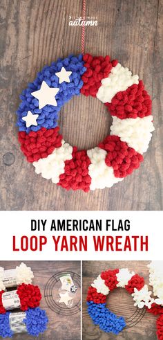 an american flag wreath made out of yarn with the words, loop yarn wreath on it