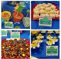 there are many different pictures of food on the table with name tags and place cards