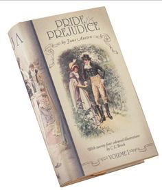 an old book is opened to show the cover and inside pages, with illustrations of people dressed in period clothing