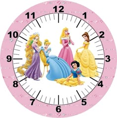 a pink clock with princesses on it's face and numbers in the middle