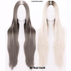 two wigs with long hair on top of each other, one is blonde and the other is grey