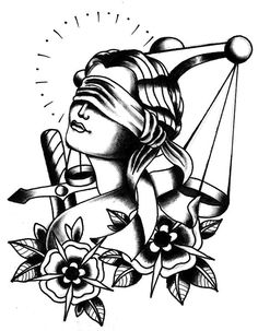 an ink drawing of a lady justice holding the scales with flowers on her shoulder and two roses around her neck