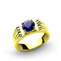 14k Yellow Gold Men's Ring with Blue Sapphire and Diamonds Blue Topaz Meaning, Yellow Gold Mens Rings, Mens Gemstone Rings, Claddagh Ring, Gold Topaz, Sterling Silver Mens Rings, Topaz Jewelry, Mens Silver Rings, Citrine Gemstone