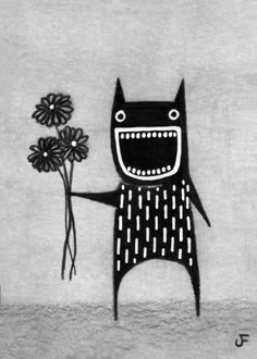 a black and white drawing of a cat holding a flower