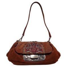 Formal Embellished Leather Shoulder Bag, Vintage Brown Bags With Silver-tone Hardware, Embellished Leather Rectangular Shoulder Bag, Designer Embellished Leather Shoulder Bag, Luxury Embellished Brown Bag, Brown Embellished Luxury Bag, Luxury Brown Embellished Bags, Brown Embellished Shoulder Bag For Everyday Use, Prada Vintage Bag