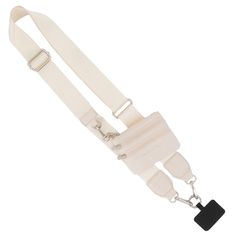 a white suspender with two straps and a black tag on the bottom of it