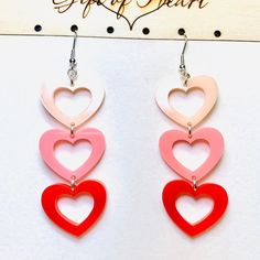 String of Hearts Acrylic Earrings Red and Pink Valentines Day | Etsy Valentine's Day Double Heart Pink Earrings, Pink Heart Beads Earrings For Valentine's Day, Pink Double Heart Pierced Earrings, Pink Double Heart Earrings For Mother's Day, Cute Pink Heart Earrings For Mother's Day, Cute Pink Pierced Heart Earrings, Cute Pink Heart Pierced Earrings, Red Acrylics, Friends Earrings