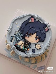 a close up of a cake with an anime character on it's frosting