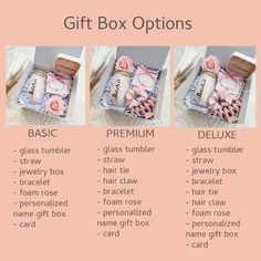 the gift box options are shown in three different ways