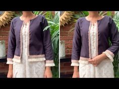 Designer jacket / koti cutting and stitching | short jacket cutting and stitching - YouTube Koti Style Kurti, Kurti With Jacket, Designer Jacket, Kurta Neck Design, Kurti Design, Couture Sewing Techniques, Jean Jacket Women, Couture Sewing