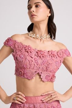 Blush pink short sleeves off shoulder cutwork bustier blouse crafted in chanderi with 3D petunia bloom applique and tonal bead-sequin highlights. - Aza Fashions Fitted Tops For Spring Reception, Elegant Floral Embellished Tops For Wedding, Fitted Feminine Embroidered Top, Spring Reception Fitted Blouse, Glamorous Embellished Tops For Reception, Elegant Pink Top For Wedding, Elegant Pink Wedding Top, Elegant Embellished Pink Blouse Piece, Elegant Summer Tops For Reception