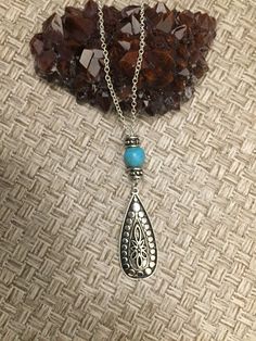 Boho Antique Silver Teardrop, Turquoise colored bead necklace. Comes with GIFT BOX.                                                                          Available in 18 - 24 inch chain length.  Every piece is designed and shaped in B&B Jewelry Studio, Conway Ar. Southwestern Style Adjustable Teardrop Necklace, Beaded Chain Teardrop Pendant Jewelry For Gift, Beaded Chain Jewelry With Teardrop Pendant For Gift, Bohemian Teardrop Pendant Jewelry With Lobster Clasp, Turquoise Teardrop Pendant Necklace For Gifting, Southwestern Blue Teardrop Pendant Necklace, Bohemian Turquoise Teardrop Pendant Necklace For Gift, Handmade Southwestern Necklace With Teardrop Pendant, Handmade Southwestern Teardrop Pendant Necklace