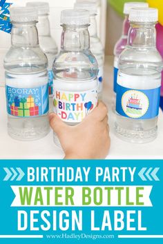 birthday party water bottle design label with hand holding up a plastic bottle and the text happy birthday party water bottle design label