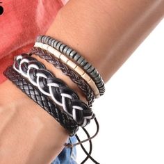 Men’s Stacked Leather Bracelets. Dm With Questions. Casual Brown Bracelet For Everyday, Casual Leather Braided Bracelets, Casual Brown Bracelets For Everyday Wear, Casual Brown Leather Bracelet, Casual Leather Bracelet, Men's Leather Bracelet, Wood Bead Bracelet, Beads Charm, Brown And Blue