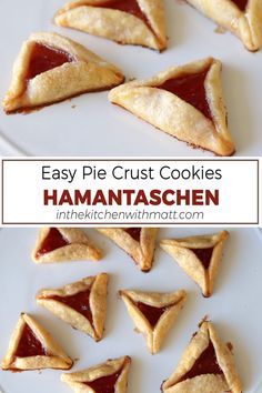 Several hamantaschen pie crust cookies on a white plate. Pie Crust Cookies Jam, Recipes Using Frozen Pie Crust, What To Do With Leftover Pie Crust, Refrigerated Pie Crust Recipes, Store Bought Pie Crust Recipes, Jam Desserts, Pie Crust Dessert, Leftover Pie Crust, Hamantaschen Cookies