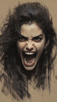 a drawing of a woman with her mouth open and teeth wide open, showing fangs