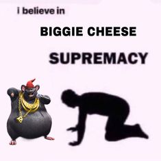 the shadow of a man in front of a sign that says, i believe in biggie cheese