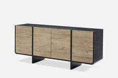 the sideboard is made out of wood and black metal, with two doors on each side