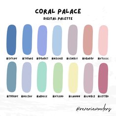 the color chart for coral palace nail polish in various shades and colors, including blue, pink