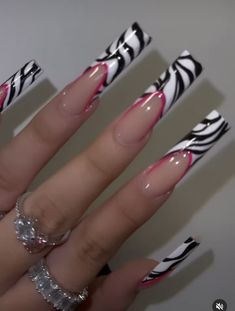 Pink And White Zebra Nails, Nails Acrylic Zebra Print, Hot Pink Zebra Nails, Y2k Zebra Nails, Nail Designs Zebra Print, Mc Bling Nails, Baddie Y2k Nails, Y2k Stiletto Nails, Tokio Hotel Nails