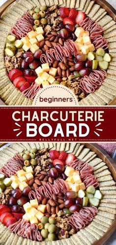 two plates with different types of food on them and the words, beginner's charcuterie board