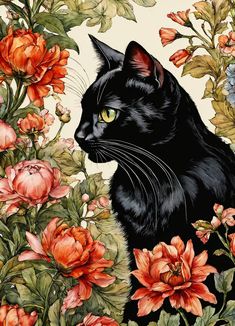 a painting of a black cat surrounded by flowers