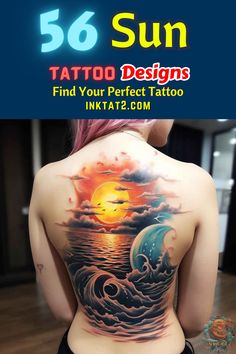 the back of a woman's body with an ocean scene tattoo design on it