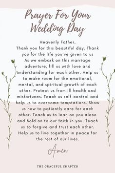 the prayer for your wedding day is shown in pink and white with flowers on it