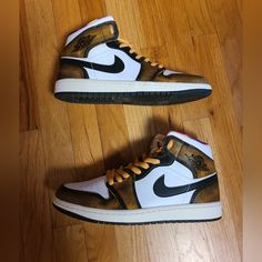 These Are Air Jordan 1 Mid Se Wear Away, Colorway: Black/Taxi-White-Sail, Size 9.5 Men's. I Purchased These Through Ebay, They Went Through Ebay Authenticity Guarantee Process. I Have Only Tried These On Inside My Home Since I Received Them, So They Have Remained In Their New Condition. These Come With One Black And One Yellow Lace, However I Will Provide 2 Black Laces Upon Request. I Also Have A Brand New Pair Of These In 9c Toddler Size For My Son If You Are Interested In A Father/Son Pair, I Nike Mid-top Custom Sneakers With Gum Sole, Nike Custom Mid-top Sneakers With Gum Sole, Mid-top Leather Jordan Shoes With Speckled Midsole, Nike Custom Mid-top Sneakers With Boost Midsole, Nike Urban Custom Sneakers With Round Toe, Nike Mid-top Leather Sneakers, Nike Air Huarache Women, Jordan 1 Mid Chicago, Nike Shoes Jordan