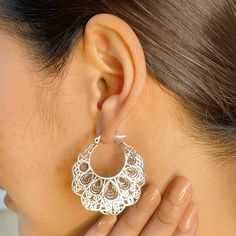 IMPORTANT **Please go through all the pictures i have posted for a listing with a ruler, on a model, on my hand, to get an exact idea of the actual size of the item. Indian style sterling silver large filigree ear hoops. Dimensions:  32 x 41 x 1.5 mm    weight: 9.75 gm Price listed is for ONE PAIR  These  are made of 925 hypoallergenic sterling silver. Most of my pieces come with a 925 stamp. Can be packaged in a gift box.  I can include a personal message from you if needed You are welcome to c Hoops Silver, Sterling Silver Hoop Earrings, Indian Style, Sterling Silver Hoops, Jewelry Silver, Toe Rings, Jewelry Earrings Hoops, Silver Hoops, Silver Hoop Earrings