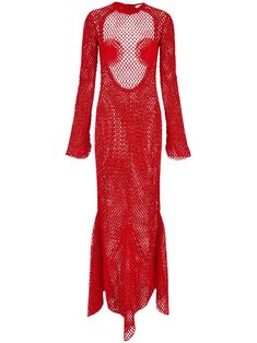 blood red mesh panelling round neck extra-long sleeves long length open back asymmetric hem Red Sheer Maxi Dress For Evening, Long Dres, Long Red Dress, Red Maxi, Red Dress Maxi, Extra Long Sleeves, Blood Red, Flared Skirt, Asymmetrical Hem