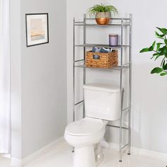 a white toilet sitting next to a metal shelf filled with potted plants on top of it