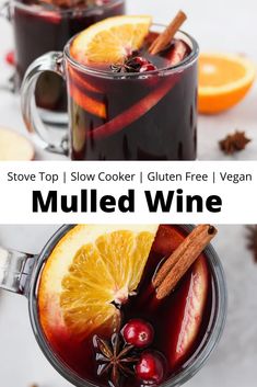 two mugs filled with mulled wine and topped with orange slices