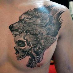 the back of a man's chest with an image of a lion on it