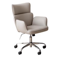 a white office chair with wheels on an aluminum base and leather upholstered seat