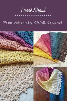 crocheted shawl patterns with text overlay that reads, lace shawl free pattern by kime crochet