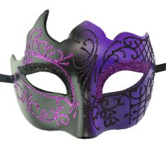 a purple and black masquerade mask on a white background