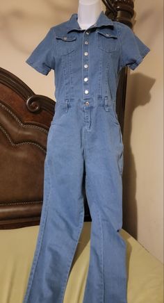 Blue Jean Really Cute Jumpsuit, Brand New Size Xl Fits Like A Large. Fitted Blue Jumpsuits And Rompers With Pockets, Casual Fitted Blue Jumpsuits And Rompers, Blue Casual Overalls With Short Sleeves, Casual Fitted Blue Overalls, Light Blue Fitted Jumpsuit With Short Sleeves, Jean One Piece, Blue High-waisted Denim Jumpsuit With Pockets, Blue Denim Full-length Jumpsuits And Rompers, Denim Blue Stretch High-waist Jumpsuits And Rompers