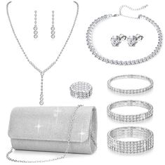 PRICES MAY VARY. ✨【WOMEN'S SHINY JEWELRY SET】: This shiny jewelry set includes 3 pcs multi-layered tennis rhinestone bracelets, 1 pcs of ring, 1 pcs of bling envelope purse, 1 pcs of shiny rhinestone choker necklace, 1 pair of round CZ studs, 1 pcs long layered necklace and 1 pair of dangle fringe earrings. Enough jewelry set for you to match diversified evening dresses or other formal outfits. Its shining and smooth surface never snag the gown, the gorgeous and elegant design always keep pace w Silver Clutch Purse, Rhinestone Bracelets, Rhinestone Jewelry Set, Shiny Jewelry, Blue Crystal Necklace, Green Beaded Bracelets, Envelope Purse, Vintage Clip Earrings, Silver Clutch