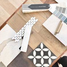 the floor is covered with different types of tile and materials for making decorative wall hangings