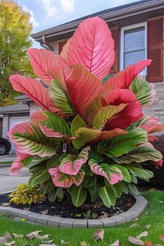 a pink and green plant sitting in the middle of a flower bed next to a house