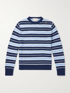 Fans will recognise Marni’s colourful stripes as a brand signature. This sweater has been knitted in Italy from wool that's blended with cashmere for softness and hand-embroidered with a vertical logo on the shoulder. Vertical Striped Sweater, Marine Stripe, Vertical Logo, Striped Knitwear, Product Research, Sweater For Men, Cashmere Blend Sweater, Knitwear Men, Vertical Stripes