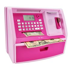 a pink cash register machine with money in the slot and a pen sticking out of it