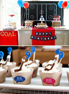 an ice cream birthday party with cupcakes and desserts in paper cups on a table