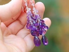 "THE JEWELRY IS SHIPPED via DHL EXPRESS (2-5 days delivery door to door). THE DHL SHIPPING COST IS INCLUDED IN THE PRICE. The Violet Dance Earrings - Purple Amethyst Earrings Cascade, Long Cluster Gemstone Earrings ► Measurements / Details: - Length including earwire: 2.5\" (~6.4 cm) *can be made shorter/longer per request - Silver: High quality Sterling Silver - Gold: High quality Gold Filled ► Gemstones: The earrings include excellent AAA quality gemstones, they are undyed, natural, superbly f Purple Briolette Fine Jewelry Earrings, Purple Gemstone Long Drop Earrings, Purple Faceted Drop Earrings, Purple Amethyst Gemstone Chandelier Earrings, Purple Briolette Earrings For Wedding, Purple Gemstone Chandelier Drop Earrings, Purple Gemstone Chandelier Earrings, Purple Faceted Dangle Earrings, Purple Dangle Earrings Fine Jewelry